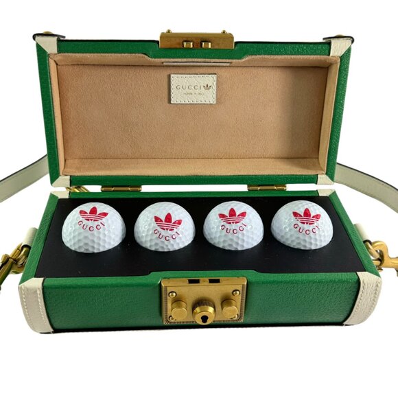 GUCCI X ADIDAS Green & White Leather Golf Balls Set Case Bag Made in Italy - Picture 9 of 16